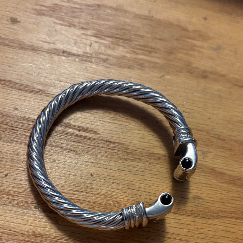 Silver Twisted Cable Bracelet with black bead accents
